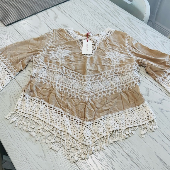 Solitaire Tops - Solitaire Beige and White Lace Blouse
